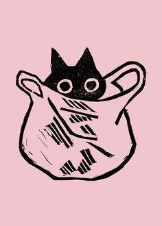 a black and white drawing of a cat in a bag on a pink background,