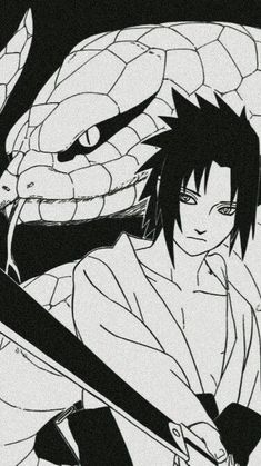 an anime character holding two swords in front of a large snake and another creature behind him