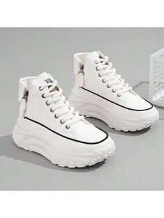 Solid Color High-Top Lace-Up Casual Shoes For Women, Side Zipper, Outdoor Use, Thick Sole, Height-Enhancing Fashionable Sports Shoes For Women White Fashionable   PU Leather Plain    Women Shoes, size features are:Bust: ,Length: ,Sleeve Length: Shoes For Women White, Casual Sneakers Women, House Shoes, Casual Shoes Women, Sports Shoes, Shoes For Women, Platform Shoes, Lace Tops, Maternity Bag