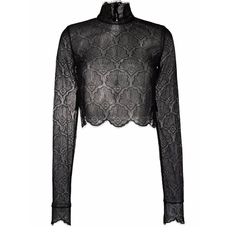 Casablanca Shell-Lace Cropped Blouse Nwt Size Xs Long Black Boots Farfetch, Luxury Long Sleeve Tops With Lace Trim, Luxury Sheer Long Sleeve Tops, Designer Black Sheer Top, Shell Embroidery, Scallop Hem, Cropped Blouse, Chantilly Lace, Lace Crop Tops