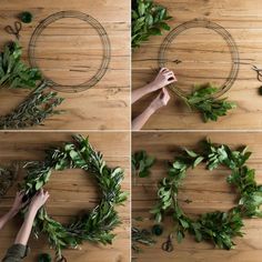 four pictures showing how to make a wreath with green leaves and scissors on a wooden table