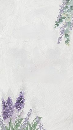 a painting of purple flowers and green leaves on a white background with space for text