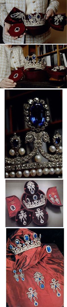 Queen Marie-Amélie's Sapphire, Diamond, and Pearl Tiara and Parure, France (1830; made by Bapst; sapphires, pearls, diamonds). Came from Hortense de Beauharnais; may have belonged to her mother, Empress Josephine. Hortense sold them to King Louis-Philippe. His wife Queen Marie Amelie (Marie Antoinette's niece) remodeled them. Now in the Louvre. Empress Josephine, Louis Philippe, Family Jewels, The Louvre