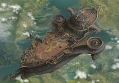 an aerial view of a futuristic ship floating in the air with other ships around it