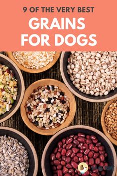 bowls filled with different types of grains and beans on top of a wooden table