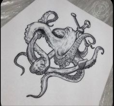 an ink drawing of an octopus and anchor