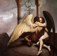 a painting of an angel hugging a demon