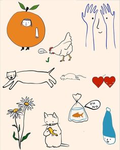 an image of cats and birds in the air with hearts, flowers, and plants