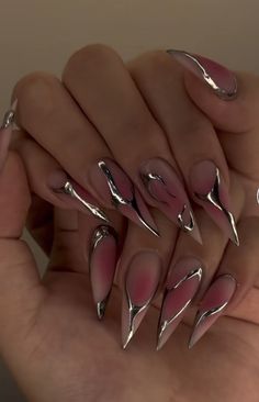 Chrome Nails Designs, Goth Nails, Colorful Nails, Girly Acrylic Nails, Silver Nails, Fire Nails, Dream Nails, Funky Nails, Pretty Acrylic Nails