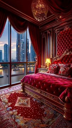 a bedroom with red bedding, chandelier and large windows overlooking the city