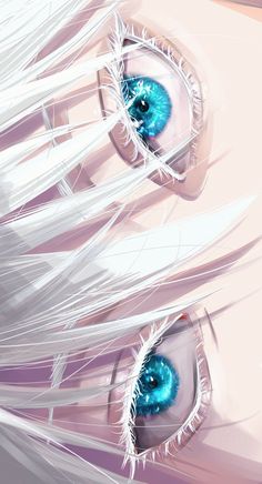 two blue eyes with long white hair are seen in this digital painting style illustration,