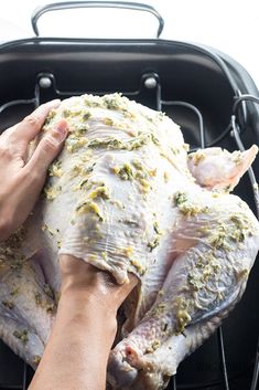 a person holding a whole chicken on a grill with herbs and seasonings all over it