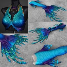 three images of different types of blue and green mermaid fish with pearls on their tails