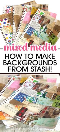 DIY Mixed Media Background Papers From Your Stash Fun Art Journal Ideas, Mixed Media Book Covers, Mixed Media Tags Ideas, Collage Paper Art Ideas, Cute Easy Art, Making A Journal, Assemblage Art Collage, Media Background