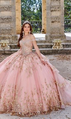 Off-the-shoulder quinceanera dress with beautiful 3D floral appliques, floral embroidery, sequins, stone accents, glitter, and a corset bodice. Pastel Prom Dress, Sage Colors, Plus Prom Dresses, Green Quinceanera Dresses, Quinceanera Dresses Red, Glitter Prom Dresses, Classic Prom Dress, Purple Quinceanera Dresses, Quinceñera Dresses