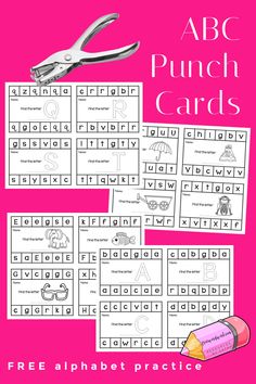 a pink background with the words abcc punch cards on it and scissors next to them