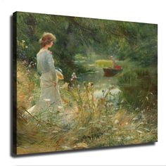 a painting of a woman standing in front of a pond with a boat on it