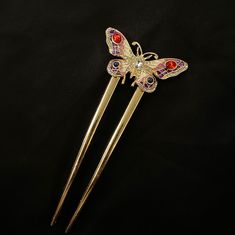 Formal Accessories Gold, Handmade Gold Hair Accessories For Gifts, Elegant Gold Hair Accessories As Gift, Handmade Red Hair Accessories For Gifts, Butterfly Hair Pin, Hair Accessories Bun, Red Gems, U Shaped Hair, Butterfly Ornaments