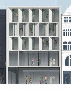 an architectural rendering of people walking in front of a tall building with multiple windows and balconies