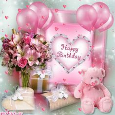 a pink teddy bear sitting next to a bouquet of flowers and balloons in front of a happy birthday card