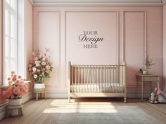 a baby's room with pink walls and flowers in vases on the floor