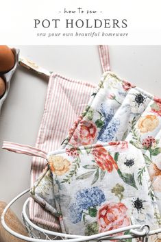 an image of pot holders with flowers on them and some eggs in the basket next to it