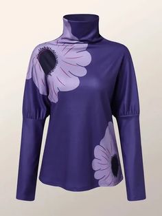 Flower Printed Purple High Neck T-Shirts  Material : 95% Polyester,5%Spandex,Style : Loose,Long Sleeves,Feature : Flower Print,Split-joint,Neckline : High Neck,Occasion : Casual,Office,Urban,Seasons : Spring,Autumn,Winter,Type : T-shirts,Color : PURPLE,Size : S,M,L,XL,Warm tips1. Please measure your body data accurately and refer to the size chart to choose the right size;2. Due to manual measurement of size data may exist 1-3 cm error;3. Due to the different display effect of the equipment may exist color difference;Size TableReal Pictures Strapless Evening Dress, Fitness Activewear, T Shirt Flowers, High Neck Top, Korean Casual, Floral Outfit, Khaki Dress, Casual Office, Casual Tops For Women