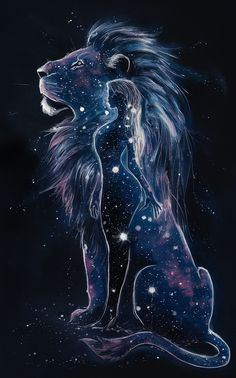 a drawing of a lion sitting on top of a black ground with stars in the sky