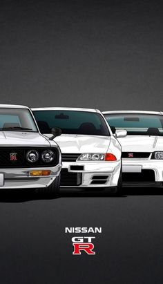 three white mustangs parked side by side in a row on a black background with the words nissan r35 written across the front