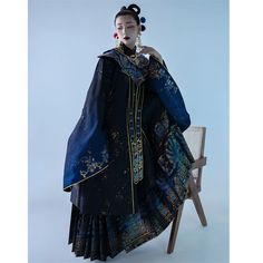 Ming Dynasty Hanfu Dresses For Women Chinese Navy Blue Stand Collar Robe Cloud Shoulder Woven Gold Avatar Legends, Women Long Gown, Ming Dynasty Hanfu, Chinese Female, Character Clothes, Vtuber Model, Transitional Fashion, Clothing Reference, Golden Horse