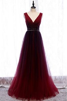 Shop flowy burgundy deep vneck formal dress tulle with sequined waist online. Sheprom offers formal, party, casual & more style dresses to fit your special occasions. Prom Formal Dresses, Simple Evening Dress, Long Party Dress, Prom Dresses Simple, Beaded Tulle, Burgundy Prom Dress, Red Prom, Dress A Line, فستان سهرة