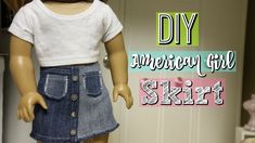 an american girl doll wearing a denim skirt and white t - shirt with the words diy