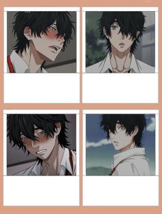 four different images of an anime character with black hair and blue eyes, one in white shirt