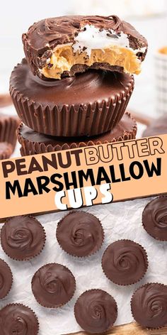 chocolate peanut butter marshmallow cups stacked on top of each other