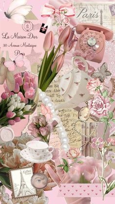 a collage of pink flowers, pearls and other things in the shape of hearts