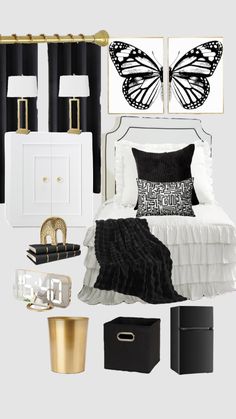 black and white bedroom with gold accents