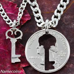 Holding the key to someones heart is such a privilege. These necklaces are cut from the same quarter. One has the key and the other has the inside Penny Art, Relationship Necklaces, Cut Coin Jewelry, Couples Jewelry, Friends Jewelry, Coin Art, Coin Design, Coin Ring, Couple Jewelry