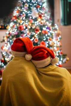 a person wrapped up in a blanket under a christmas tree