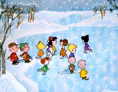 a group of children playing in the snow with peanuts and charlie brown on their shoulders