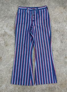 Great pair of striped pants by Wrangler in good condition. Have been loved by the original owner and have marks/paint spots. They also replaced all of the original buttons with mismatched ones, and one is missing. Please see all photos. This is a vintage item, sold as-is/used, described to the best of my knowledge. Please see all images, measurements & shop policies before purchase. Thank you for considering a RoadRunner garment. Bottom Jeans, Bell Bottom, Vintage 1960s, Flare Pants, Bell Bottom Jeans, Halloween Shopping, Patch Pocket, 1960s, Art Collection