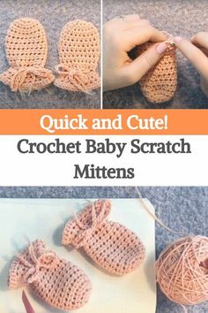 crochet baby booties and mittens are shown with instructions to make them