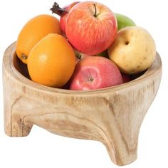 a wooden bowl filled with apples and oranges