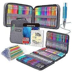 an assortment of colored pencils and pens in a case with zippered pouch on the side