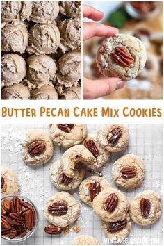 the collage shows different types of pecan cake mix cookies, including one with pecans