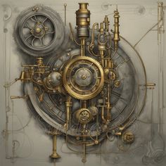 a drawing of a mechanical device with gears and wheels on it's side,