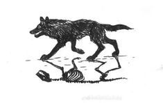 a black and white drawing of a dog chasing another dog