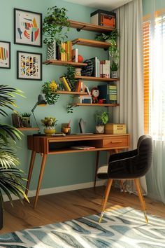 a room with a desk, bookshelf and potted plants