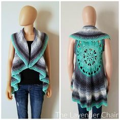 two pictures of a woman's sweater with crochet