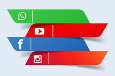 three different colored banners with social media icons on one side and the other half in red, green, blue, and white