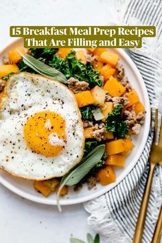 breakfast meal with fried egg and greens on plate next to fork, knife and napkin